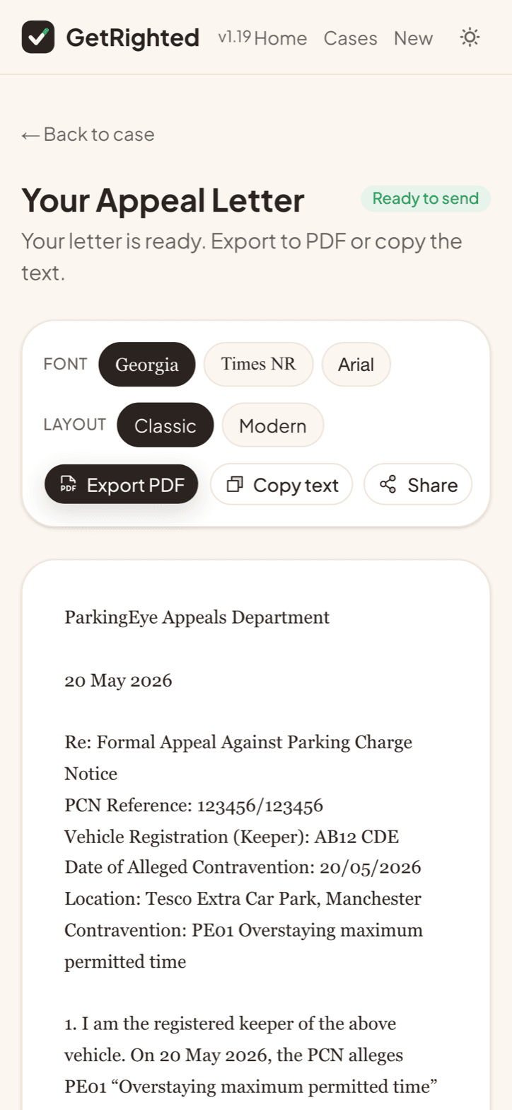 The GetRighted app on Android — a real 'Your Appeal Letter' screen, ready to export or copy, citing the BPA Code of Practice and ParkingEye v Beavis.